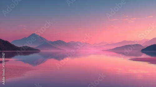 Tranquil mountains reflect in a still lake at dawn with colorful skies.