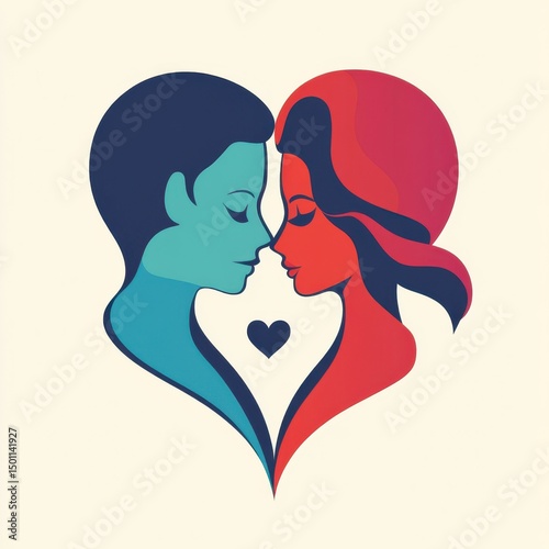 Blue and red couple illustration forming a heart shape with stylized romantic tones. photo