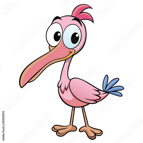 Amusing cartoon pink bird with a long beak stands curiously on its feet