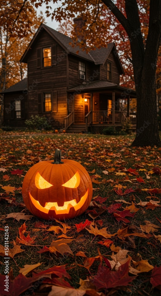 Obraz premium Photo of Carved Pumpkin with Glowing Face Near a Wooden House in Autumnal Setting