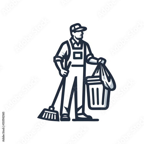 Line Art Janitor Logo, Holding Trash Bag, Simple and Clean Vector Style