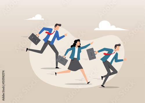 three businesspeople, two men and one woman, running in a metaphorical race to career success