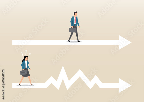 A businessman walks smoothly along a straight arrow path, while a businesswoman navigates a zigzag, uneven arrow below