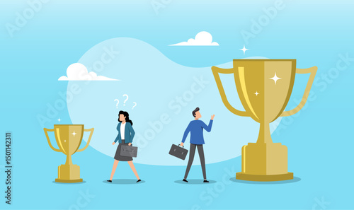a man and a woman walking toward career achievement represented by trophies