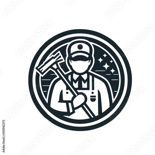 Circular Badge Janitor Logo, Clean Vector Lines, Bold Shapes