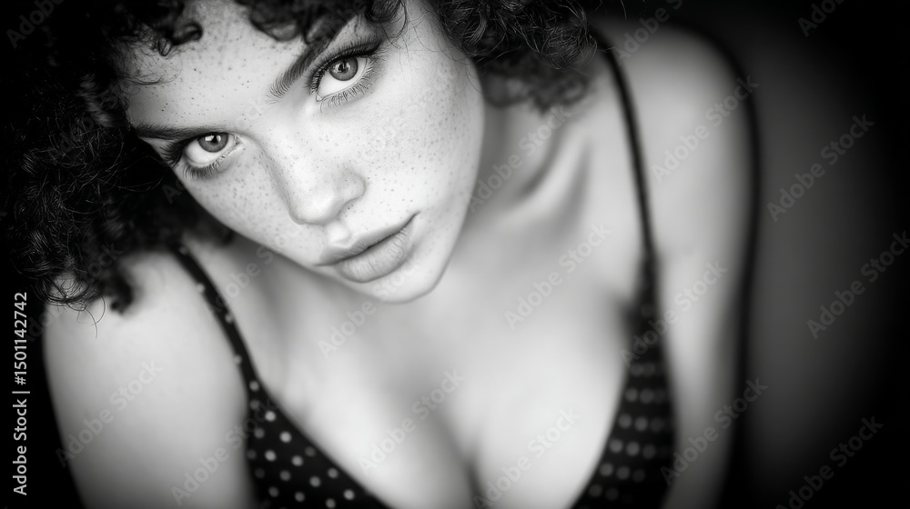 Naklejka premium Black and white portrait of a woman with curly hair and intense gaze