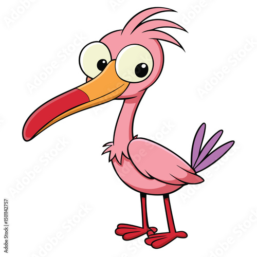 Pink cartoon bird with big eyes and long beak stands playfully, looking forward