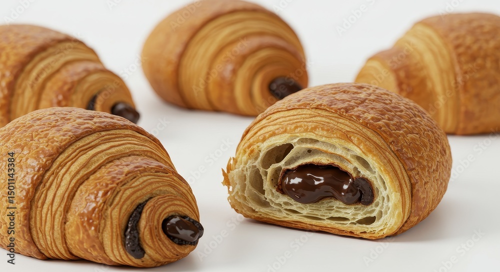 Fototapeta premium Photo of Flaky Golden Brown Croissants with Chocolate Filling on White Background