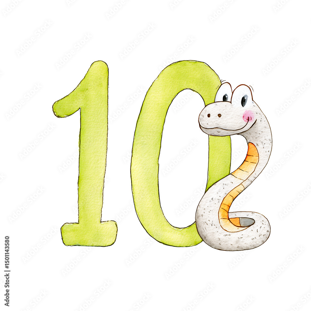 Fototapeta premium Watercolor Number PNG Clipart – Cartoon Animals Numbers, Back to School Illustration for Montessori Education, Digital Flashcards. Number 10 Transparent background