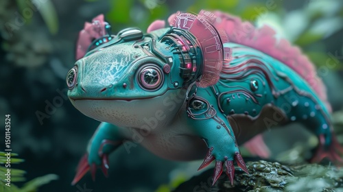Cybernetic Axolotl: A Bio-Mechanical in Teal and Pink. Surreal animal