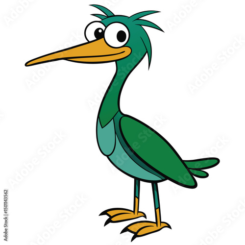 Cartoonish green heron with prominent eyes and a distinctive beak is seen standing
