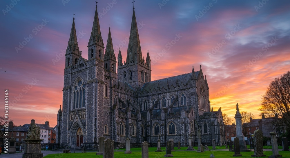 Fototapeta premium Photo of Gothic Cathedral at Sunset with Colorful Sky and Silhouetted Spire