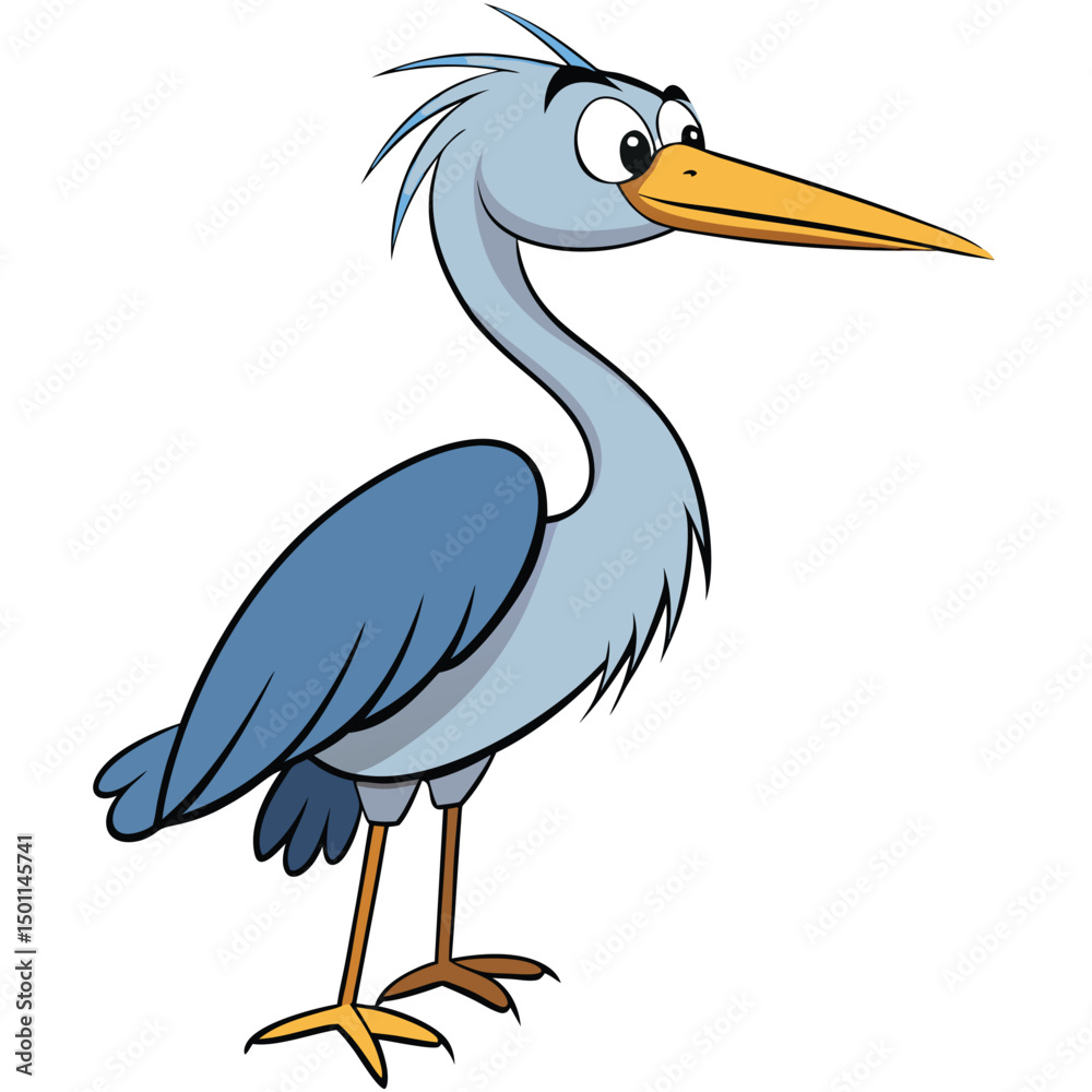Fototapeta premium Cartoon heron stands with its yellow beak ready, adding a whimsical touch to birding
