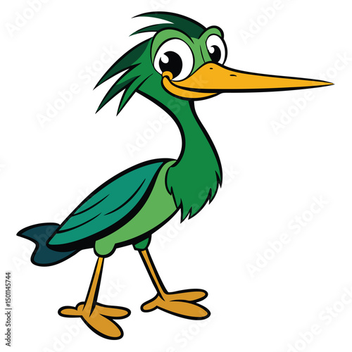 Green cartoon heron with yellow beak and feet is standing cheerfully