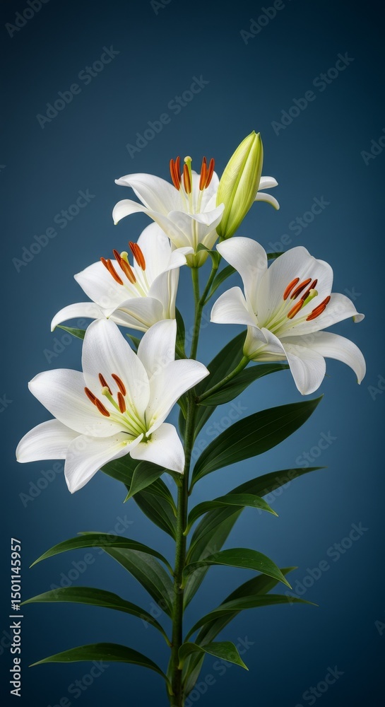 Fototapeta premium Photo of Elegant White Lilies Blossoming Against a Cyan Blue Background