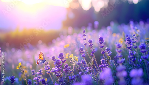 Wild flowers in a meadow at sunset. Macro image, shallow depth of field. Abstract summer nature background
