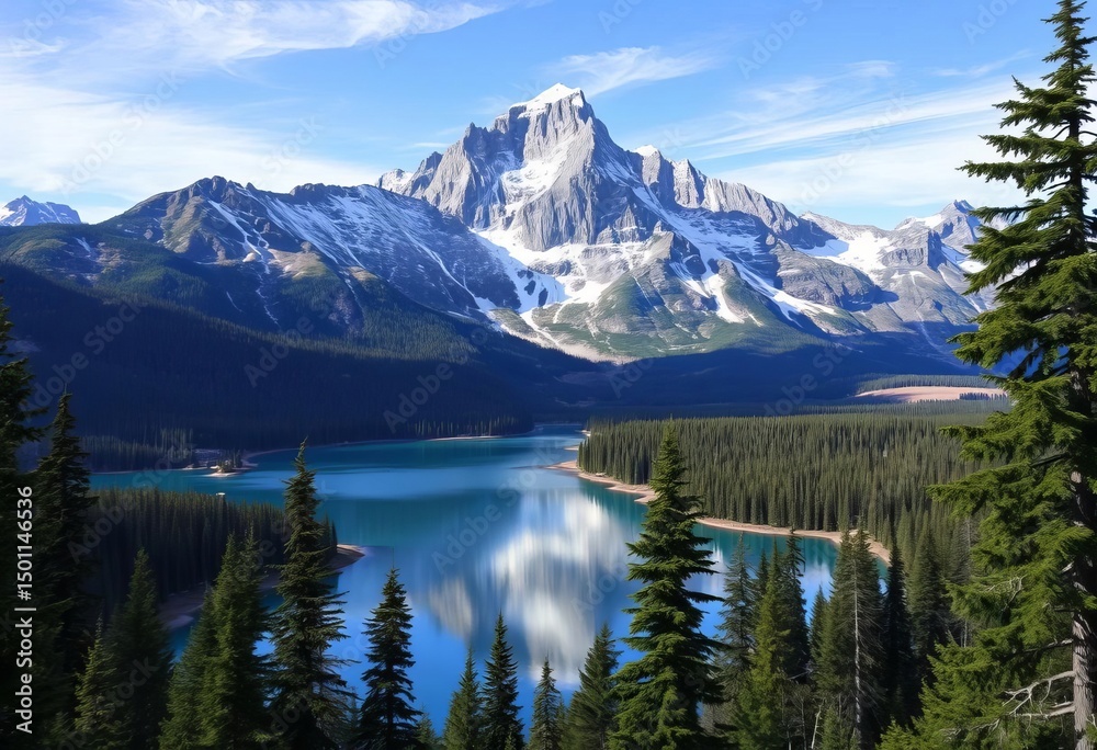 Majestic Canadian mountain peak overlooking tranquil lake and lush forest , blue, forest scene Majestic Canadian mountain peak overlooking tranquil lake and lush forest , blue, forest scene