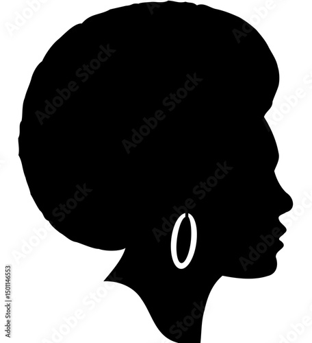 Silhouette of a Confident Woman: A striking silhouette of a woman with a voluminous afro hairstyle, and wearing large hoop earrings, her profile exuding strength, grace, and timeless elegance.
