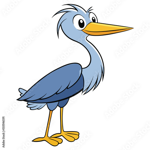 Cartoon heron with a long beak and blue feathers stands looking forward