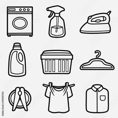 set of laundry equipment with outline style good for symbol, icon, element design, coloring book, coloring page, etc
