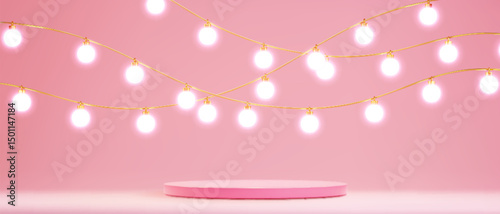 Glowing string lights with fuzzy bulbs on golden wires under cylinder podium on pastel pink background. Empty rose pedestal with festive illumination garland Holiday and party decor with soft bokeh.