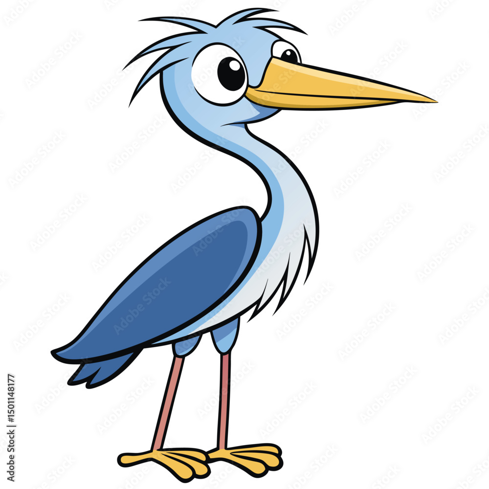 Fototapeta premium Cartoon heron illustration stands with long legs and a sharp yellow beak