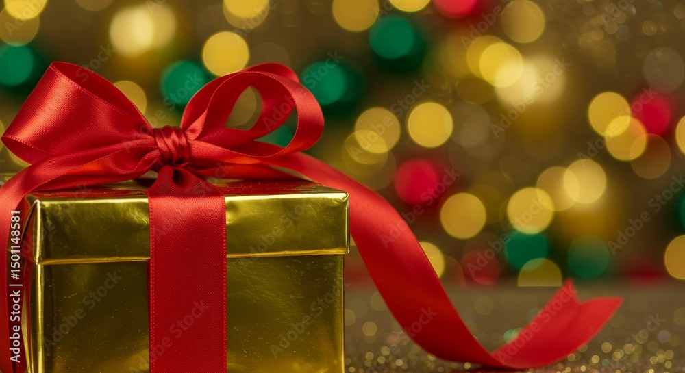 Photo of Golden Gift Box with Red Bow Against Bokeh Background Photo of Golden Gift Box with Red Bow Against Bokeh Background