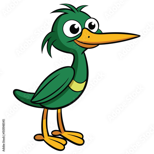 Smiling green cartoon duck with big eyes and yellow beak stands happily