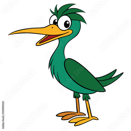 Cartoon teal bird is standing, looking happily forward with a yellow beak and feet