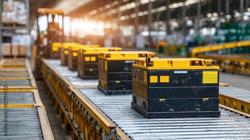 Warehouse setting with forklift batteries on industrial conveyor. Electric power storage, charging, heavy duty. Logistic, distribution, tech, transport and warehouse business.