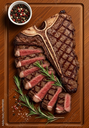 Photo Of Grilled T Bone Steak Slices On Wooden Board With Rosemary Pepper
