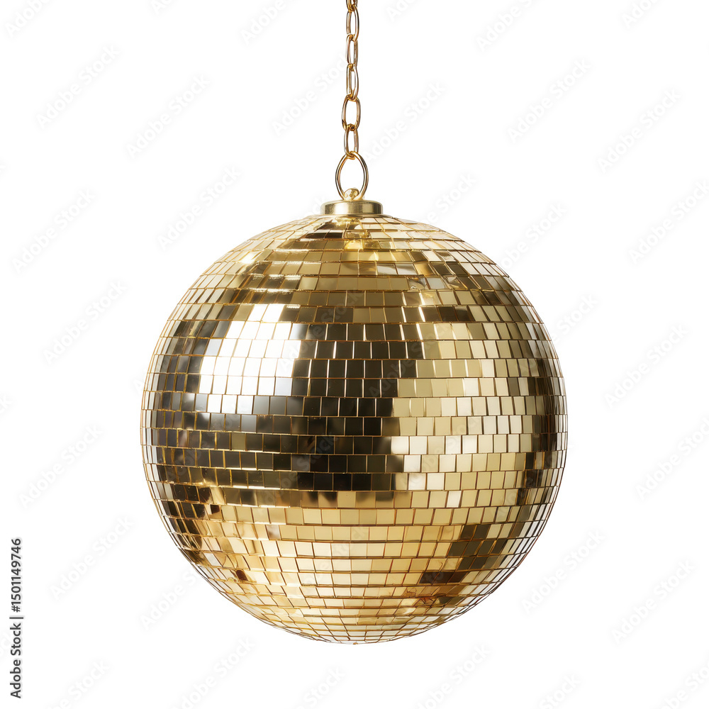 Obraz premium Mirrored disco ball hangs isolated on transparent PNG background