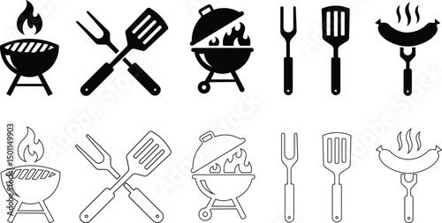 BBQ barbecue and grill icons on transparent background. BBQ party icons set, barbecue, grill or picnic. Grill menu symbol or logo BBQ grill icon set. Barbecue, bar-b-q, spatula, grill fork, picnic Eps