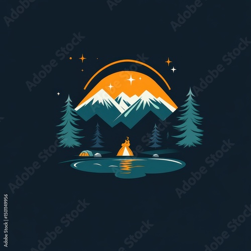 A camping scene with a tent by lake under starry sky and snow-capped peaks.