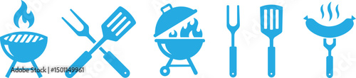 BBQ barbecue and grill icons on transparent background. BBQ party icons set, barbecue, grill or picnic. Grill menu symbol or logo BBQ grill icon set. Barbecue, bar-b-q, spatula, grill fork, picnic Eps