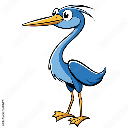 A cartoon blue heron stands calmly with its yellow beak facing left