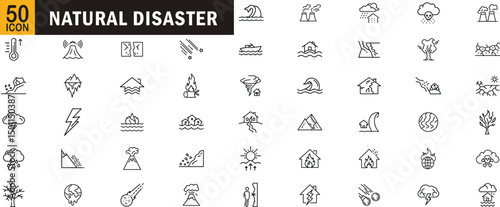 Natural disaster outline icon set. Earthquake, flood, wildfire, tsunami, storm, climate change, and hazard symbols.
