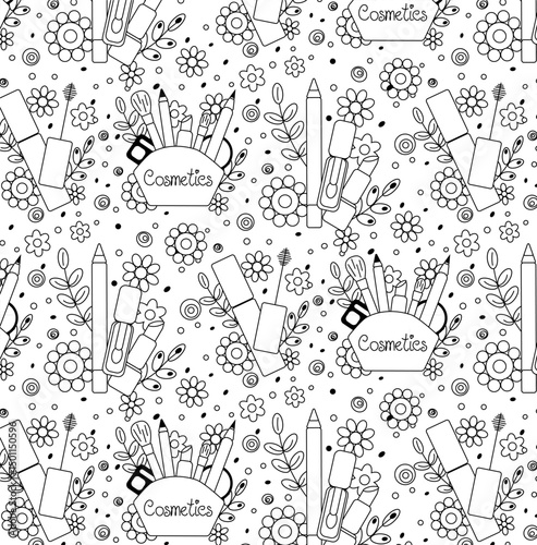 Makeup with flower doodle sketch Seamless pattern. Vector graphic line illustration. Black and white cosmetic makeup art. design for fashion graphics, textile prints, fabrics, wallpapers.