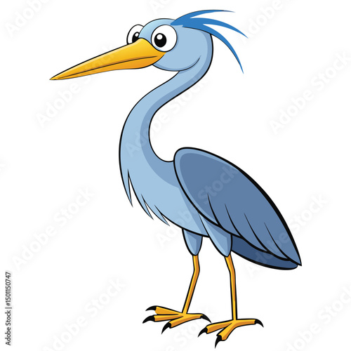 Light blue heron cartoon stands sideways displaying yellow beak and leg against white