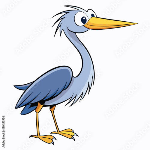 Cartoon heron looks attentively, presenting its blue plumage and striking yellow beak color