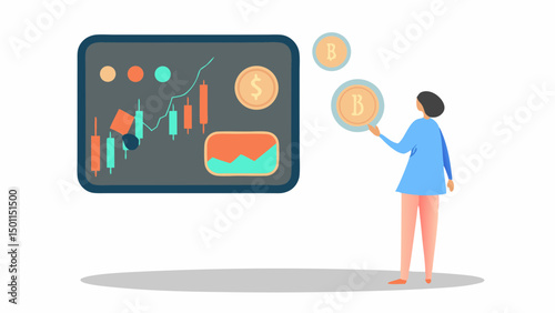 Navigating Cryptocurrency A woman contemplates Bitcoin amidst market charts clean vector art on