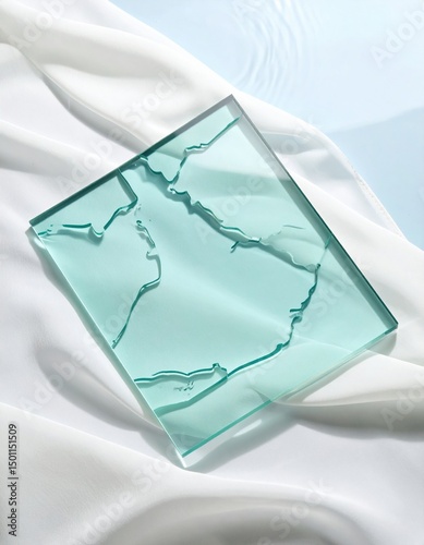 A delicate glass display of a topographic map on soft fabric evokes tranquility. photo