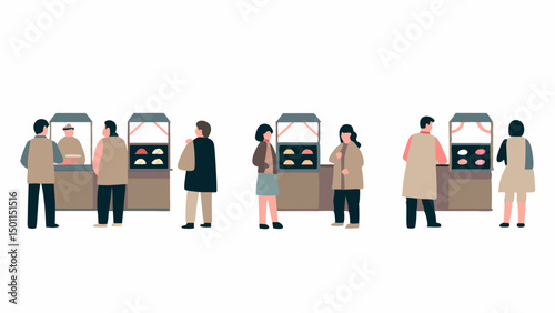 People gather at street food stalls in an urban setting drawn in by the delicious treats and vibrant