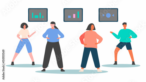 Empowered team tracking progress through data driven insights with flat vector illustrations and