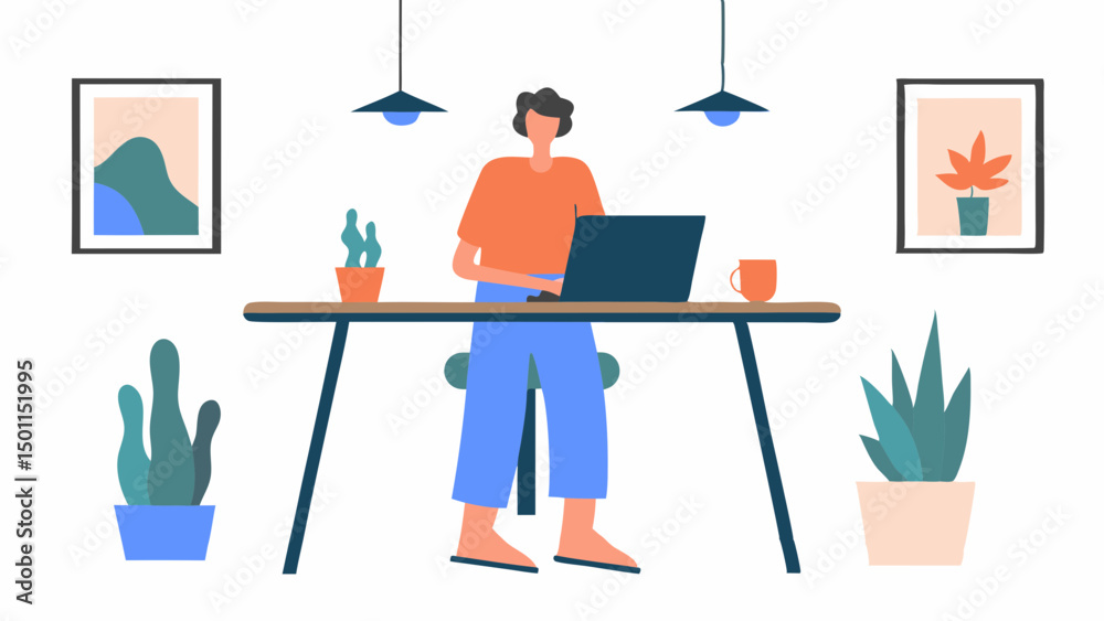 Fototapeta premium Embracing remote work a modern professional finds focus amid plant filled home office with clean