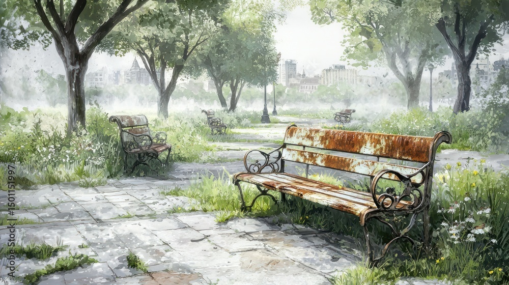 Fototapeta premium Misty park scene with rusty benches