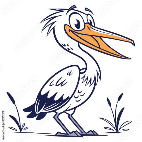 Cartoon pelican gazes right standing amid marsh plants on a white backdrop