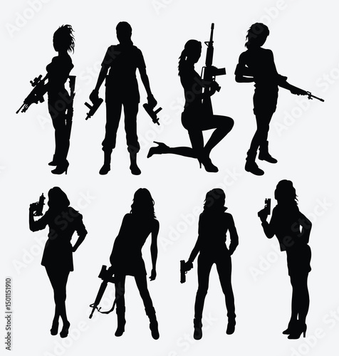 Silhouette of Armed Women: A collection of sleek, enigmatic silhouettes of empowered women holding various weapons, conveying strength and resilience in an artistic style.