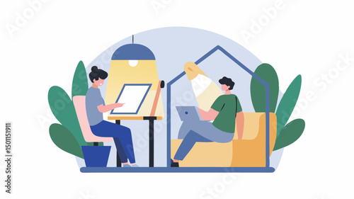 Coworkers collaborating remotely on digital projects under warm lighting vector illustration with