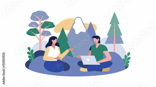 A couple planning adventure in nature with laptop in front of mountains flat vector style digital